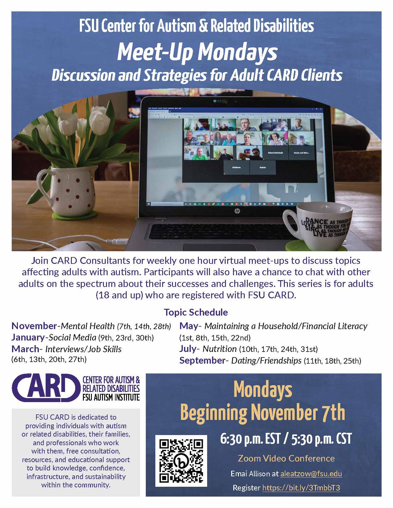 Meet-up Mondays, Discussion and Strategies for Adult CARD Clients –  (ONLINE) – FSU Center for Autism and Related Disabilities