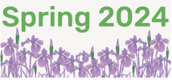 Spring 2024 newsletter banner with purple flowers.