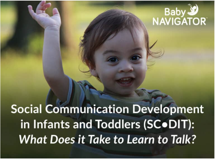A young kid with his hand raised with the text "Social Communication Development in Infants & Toddlers (SC•DIT): What Does it Take to Learn to Talk?"